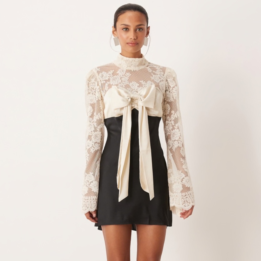 For Love & Lemons Ivory Lace Top Black Satin Mini Dress with Bow